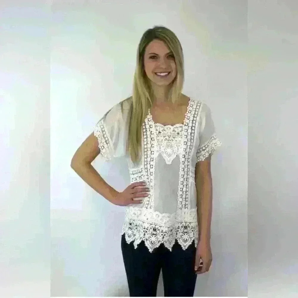 Johnny Was Ivory Lacey Insert Boho Scalloped Flutter Sleeve Top Size 1X NWT